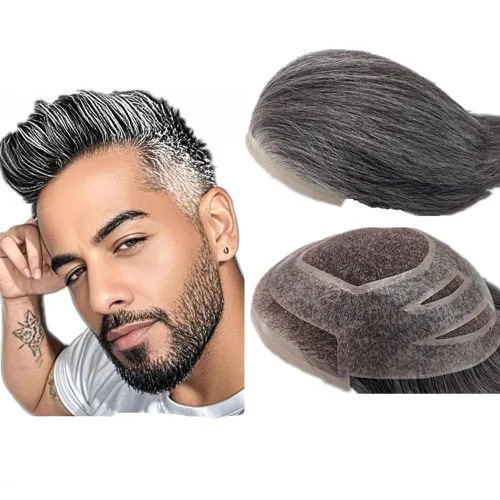 Miniatura 14 de 1B20 unidades de cabello gris Toupee para hombres piezas para hombre NLW sistema de reemplazo de heredero humano europeo para hombres 10x8 "toupee