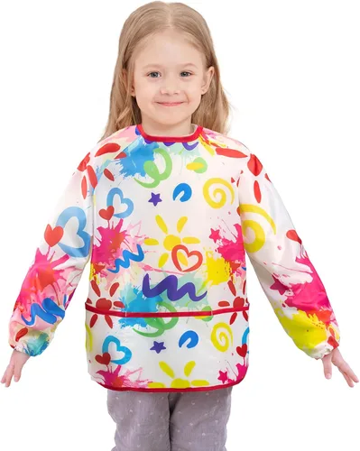 WERNNSAI Bata de arte para niños impermeable con manga larga y 3 bolsillos de pintura Doodle A001