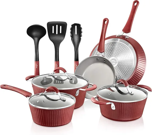 NutriChef NCCW11RDL - Ollas y sartenes antiadherentes, 11 piezas. Elegante juego de utensilios de cocina con patrón de líneas elegantes, interior
