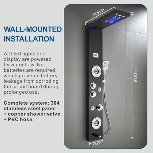 Miniatura 4 de Sistema de panel de ducha de acero inoxidable tipo torre de Ello&Allo, cabezal de LED, modo cascada o lluvia; sistema de hidromasaje con chorros