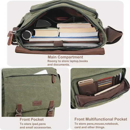 Miniatura 4 de Bolsa de mensajero de lona para hombres y mujeres, bolsa de viaje para laptop, maletín de negocios de 15.6 pulgadas