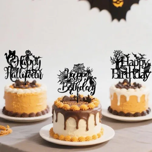 Miniatura 5 de 6 adornos acrílicos para tartas de Halloween, decoración de pastel de cumpleaños de Halloween, espeluznante con murciélago, calabaza, fantasma