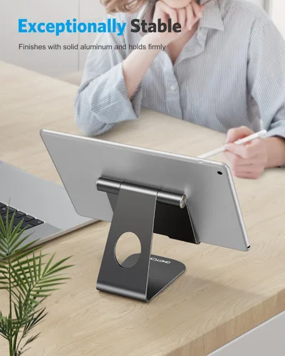 Miniatura 7 de Estación de carga, soporte de escritorio multiángulo, marca Omoton, de aluminio, base de montaje de succión adhesiva, compatible con todos los Negro