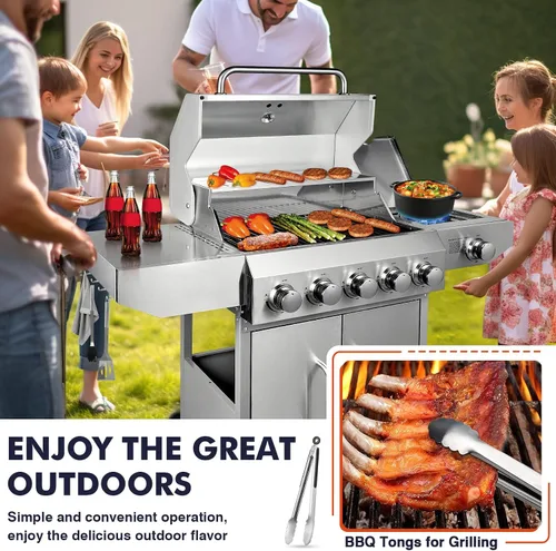 Miniatura 4 de Llamaviva - Parrilla de gas propano de 5 quemadores con quemador lateral, parrilla de barbacoa de acero inoxidable con rejillas de hierro fundido