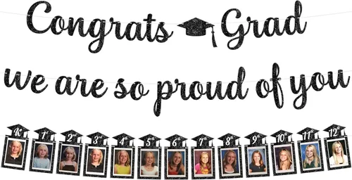 Decoraciones de graduación 2026 | Cartel de graduación de felicitaciones negras con purpurina, grande, sin bricolaje, 10 pies | Cartel de «We are So