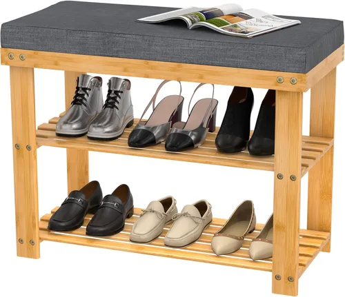 Banco de zapatos de bambú con cojín gris, organizador de zapatos de 3 niveles para entrada, pasillo, dormitorio o sala de estar, asiento tapizado