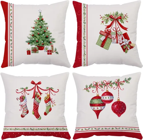 Miniatura 19 de Juego de 4 fundas de almohada de Navidad de 12 x 12 pulgadas, fundas de almohada de terciopelo de Navidad, fundas de almohada doradas y rojas