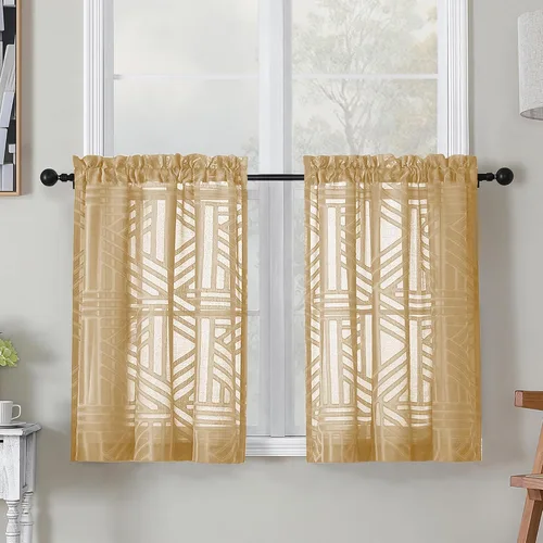Miniatura 56 de Simplebrand Cortinas traslúcidas negras de cocina de 24 pulgadas de largo, 2 paneles, filtrado de luz, geométrico jacquard con textura, cortinas