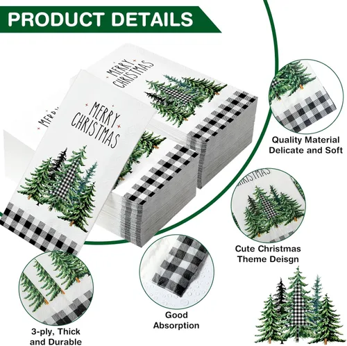 Miniatura 3 de 100 Piezas Servilletas de Navidad a Granel Navideñas Toallas de Mano de Papel Desechables para Invitados Servilletas de Cóctel con Árbol de Navidad