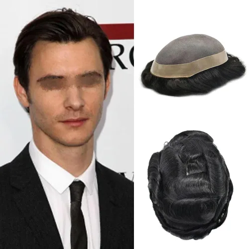 Miniatura 55 de Toupee de cabello humano fino mono revestido de poliéster para hombre, postizo de monofilamento duradero NPU monofilamento tupé para hombres