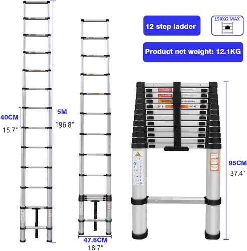 Miniatura 2 de Escalera telescópica de aluminio de 16 pies, escalera multiusos para trabajo diario o al aire libre, escalera extensible portátil para caravana