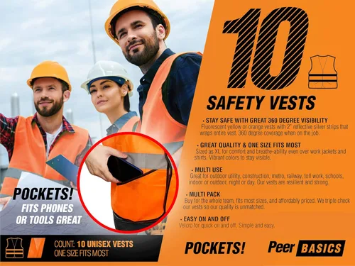 Miniatura 3 de PeerBasics Chaleco de seguridad de bolsillo Paquete a granel reflectante de alta visibilidad para hombres y mujeres Naranja