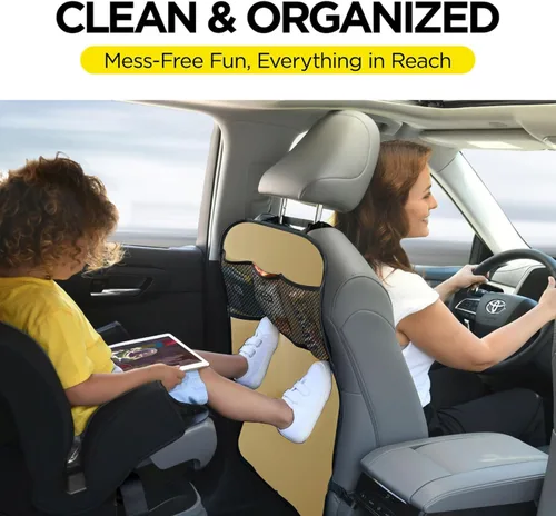 Miniatura 4 de lebogner Funda de asiento trasero para niños + organizador de almacenamiento de 3 bolsillos, paquete de 2 alfombrillas protectoras para asiento Beige