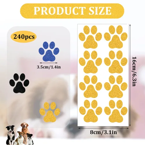 Miniatura 2 de 30 hojas de 240 tatuajes temporales con purpurina de pata de perro, tatuajes faciales con estampado de patas, tatuajes corporales de pata de perro