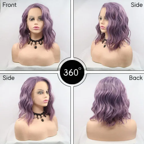 Miniatura 6 de Pelucas sintéticas de encaje frontal de 14 pulgadas para mujeres, vacaciones, cosplay, fiesta, lavanda, violeta, morado, color mezclado, resistente