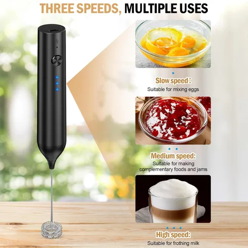 Miniatura 9 de Espumador de leche recargable de mano, batidor eléctrico con 3 velocidades, mezclador de bebidas de mano con 2 cabezales, varita portátil para café