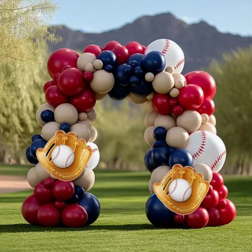 Kit de arco de guirnalda de globos de béisbol, arco de globos azul marino y rojo nude con guante de béisbol, globos de aluminio para niños y niñas,