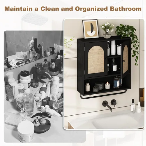 Miniatura 5 de RUSTOWN Gabinete de pared de ratán para baño, gabinete de medicina Boho con 2 puertas arqueadas, gabinetes de almacenamiento sobre el inodoro