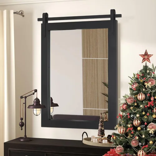 Espejo Negro de Casa de Campo - Espejo Cuadrado de Baño con Marco de Madera de 24x36 Pulgadas para Tocador, Estilo Puerta de Granero Montado en