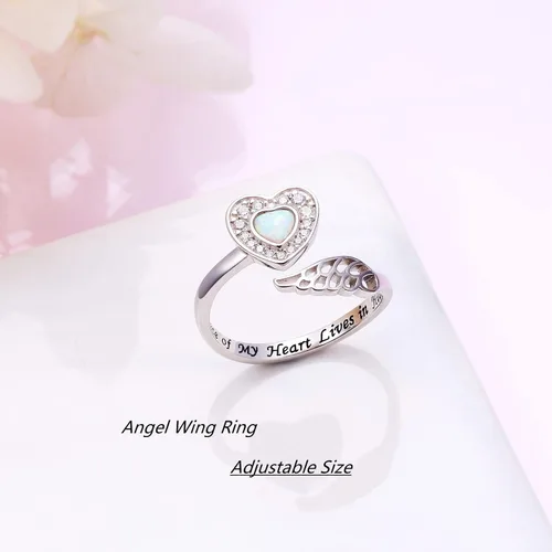 Miniatura 4 de Anillo de plata de ley 925 con alas de ángel para mujeres y niñas, joyería conmemorativa, con mensaje grabado, anillo abierto, anillo de regazo