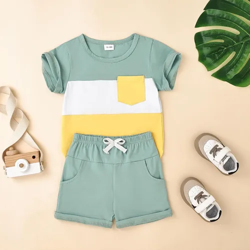 Miniatura 48 de Ropa para bebé niño pequeño, trajes de verano de manga corta, camiseta de retazos y pantalón con bolsillo, conjunto de 2 piezas, 12 meses a 4 años