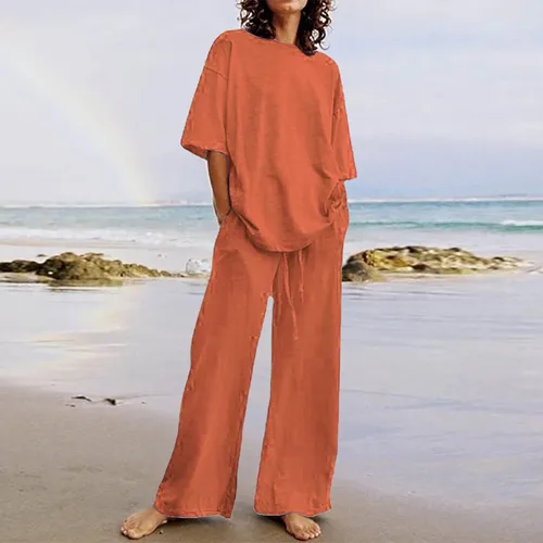 Miniatura 30 de Conjuntos de verano de 2 piezas para mujer, conjuntos elegantes y casuales de color liso, para verano, otoño, cuello redondo, tops y pantalones