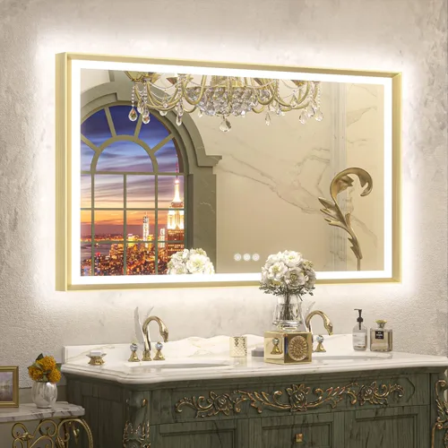 Miniatura 19 de TETOTE Espejo LED dorado para baño, marco de metal de 20 x 28 pulgadas, espejo de tocador iluminado frontal y retroiluminado, barroco, antiniebla
