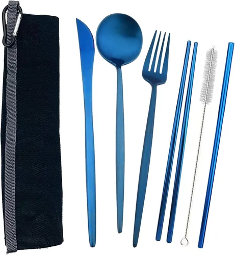 Miniatura 11 de JASHII El juego de cubiertos de viaje incluye cuchillo reutilizable, tenedor, cuchara, palillos, pajilla, utensilios ecológicos, utensilios de Azul