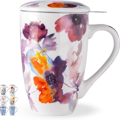 AmorArc Taza de té de porcelana de 18 onzas con infusor y tapa, taza de té de hojas sueltas con colador de acero inoxidable, taza de café grande de