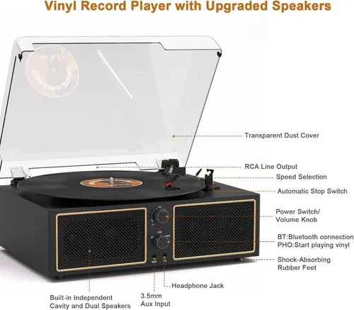 Miniatura 11 de Tocadiscos de vinilo Bluetooth, reproductor LP de 3 velocidades con altavoces, reproductor de discos retro para discos de vinilo, salida RCA AUX