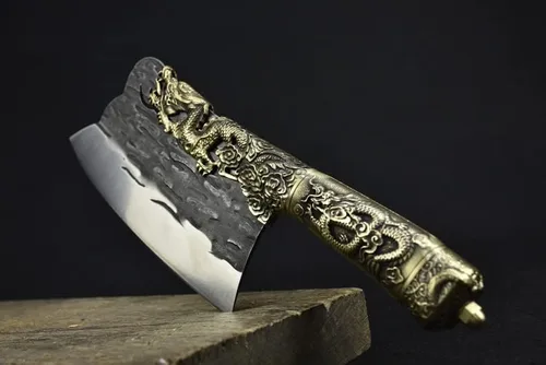 Miniatura 2 de Cuchillo de carne, cuchillo de chef Longquan de China de 8.5 pulgadas, cuchillo de chef vintage con mango de cobre, cuchillo de carnicero