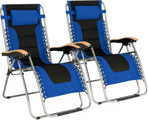 Miniatura 14 de Goplus Sillón plegable de gravedad cero, silla de patio reclinable acolchada de gran tamaño con reposabrazos de haya y almohada para la cabeza