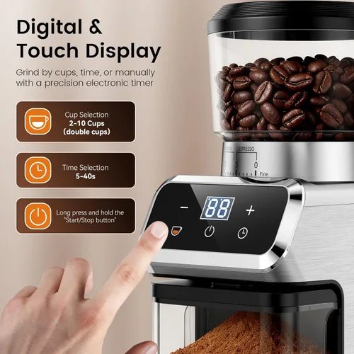 Miniatura 3 de Molinillo eléctrico de café de rebabas, 30 ajustes de molienda, molinillo de café Emojoy para uso doméstico, pantalla táctil y panel de control LED
