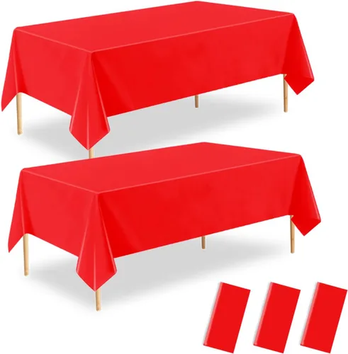 Miniatura 7 de Mantel desechable rojo, paquete de 2 manteles rectangulares de plástico rojo de 54 x 108 pulgadas, para fiesta de cumpleaños, boda, Navidad