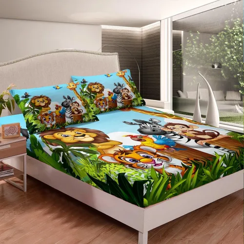 Miniatura 3 de Juego de sábanas bajeras de animales tamaño individual, divertido juego de ropa de cama de dibujos animados para niños y niñas, verde adolescente