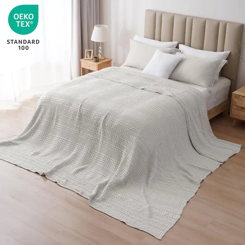Miniatura 5 de PHF - Manta de punto gofre de 100% algodón, King de 120 x 120 pulgadas, ligera, transpirable, extragrande, 10 x 10 pies, de verano, tejida, 17 gris