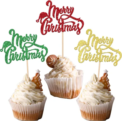 Miniatura 15 de 24 piezas de adornos para cupcakes de Navidad dorados verdes y rojos con purpurina, Papá Noel, árbol de Navidad, adornos para cupcakes para el tema