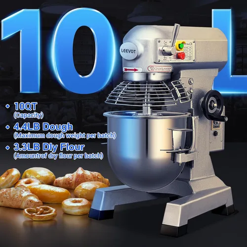 Miniatura 2 de 10Qt Mezclador de alimentos comercial con función de temporización, mezclador de pie industrial de 500W de 3 velocidades ajustables y cuenco