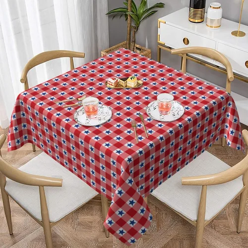 4th of July Tablecloth Square 60x60 Inch,Red White Buffalo Plaid Check Blue Patriotic Stars Table Cloth,Stain Resistance Polyester Independence Day