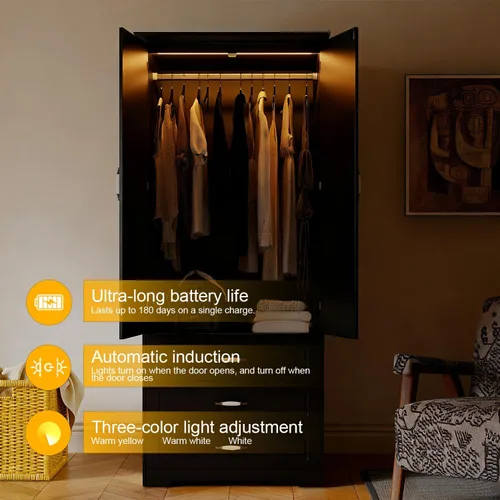 Miniatura 4 de FJTJBSI Armario Armario con 3 cajones y luz LED de 72 pulgadas, armario de madera para dormitorio con 2 puertas y manijas de puerta de cerámica