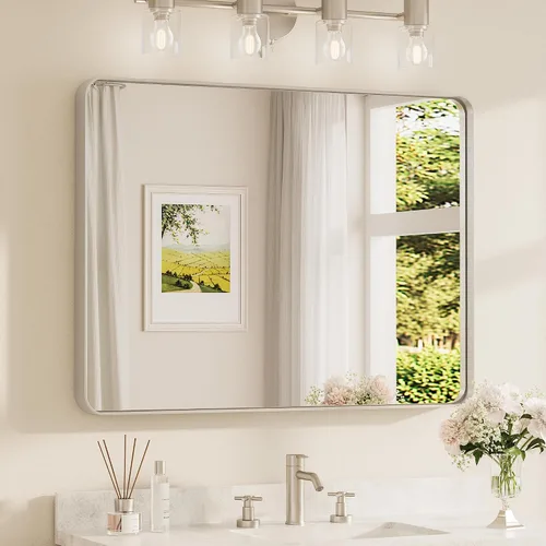 Miniatura 83 de TETOTE Espejo de marco dorado cepillado de 16 x 24 pulgadas, espejo de tocador de baño de latón dorado para pared, espejo enmarcado rectangular