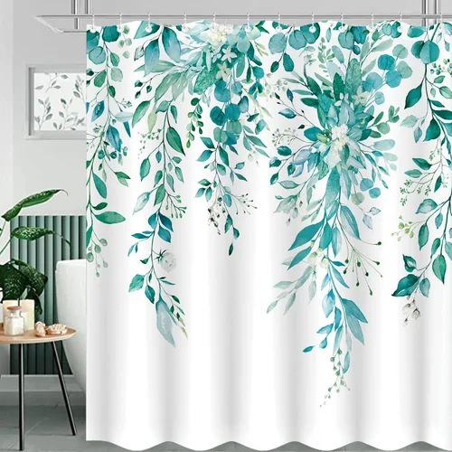 Miniatura 8 de Cortina de ducha extra larga de eucalipto gris y blanco de 84 pulgadas, cortinas de ducha de hojas florales grises para baño, cortina de baño