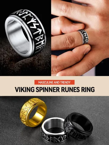 Miniatura 2 de FaithHeart Anillo giratorio nórdico vikingo con runas de acero inoxidable chapado en oro para hombres y mujeres, puede grabar personalizado