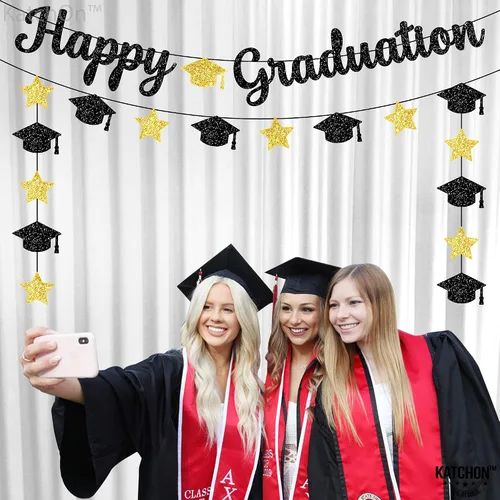 Miniatura 5 de KatchOn, Cartel de feliz graduación con purpurina, sin bricolaje, pre-encordado, decoraciones de graduación 2026, decoraciones de gorra