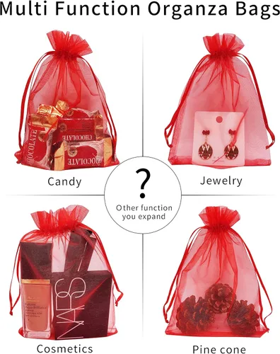 Miniatura 4 de Jexila 100 piezas bolsas de organza roja de 5''X7'' de malla transparente navideña con cordón, bolsas de regalo pequeñas para joyería, bodas, Rojo