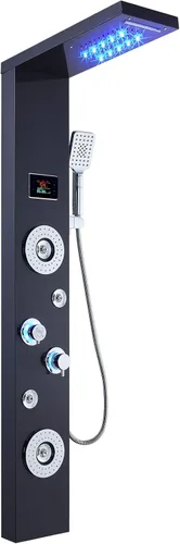 Miniatura 9 de Sistema de panel de ducha de acero inoxidable tipo torre de Ello&Allo, cabezal de LED, modo cascada o lluvia; sistema de hidromasaje con chorros