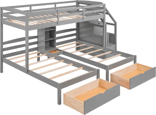 Miniatura 5 de Bellemave Literas triples con escaleras de madera, tamaño individual sobre dos literas individuales con cajones de almacenamiento y estantes