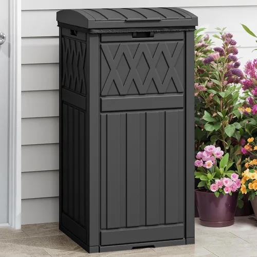 DWVO Bote de basura para exteriores de 33 galones con tapa escalonada y bandeja de goteo, bote de basura de resina impermeable para patio, cocina,
