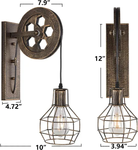 Miniatura 5 de 1 Luminaria Industrial de Mediados de Siglo Retro de Hierro para Pared con Polea Elevadora, Lámpara de Pared que Presenta Pantalla de Jaula