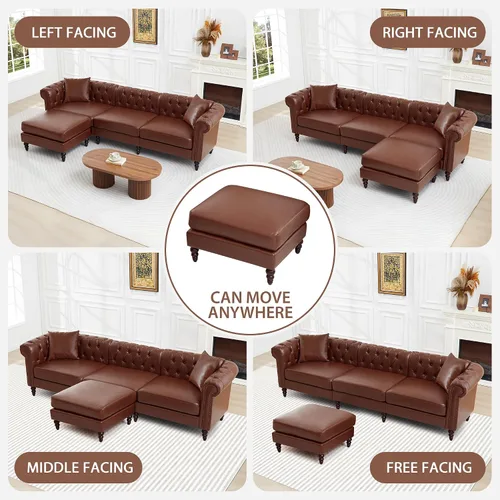 Miniatura 3 de LEVNARY Sofá seccional Chesterfield en forma de L de 108 pulgadas con otomana móvil, sofá de 4 asientos con brazos curvos, tapizado en piel